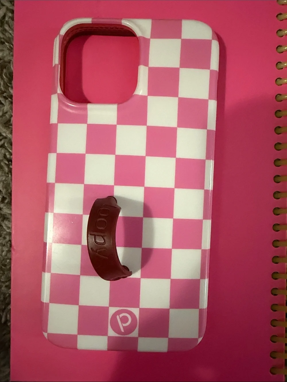 Pink & White Checkered Phone Case with Pink Grip Ring iPhone 12 Pro Max